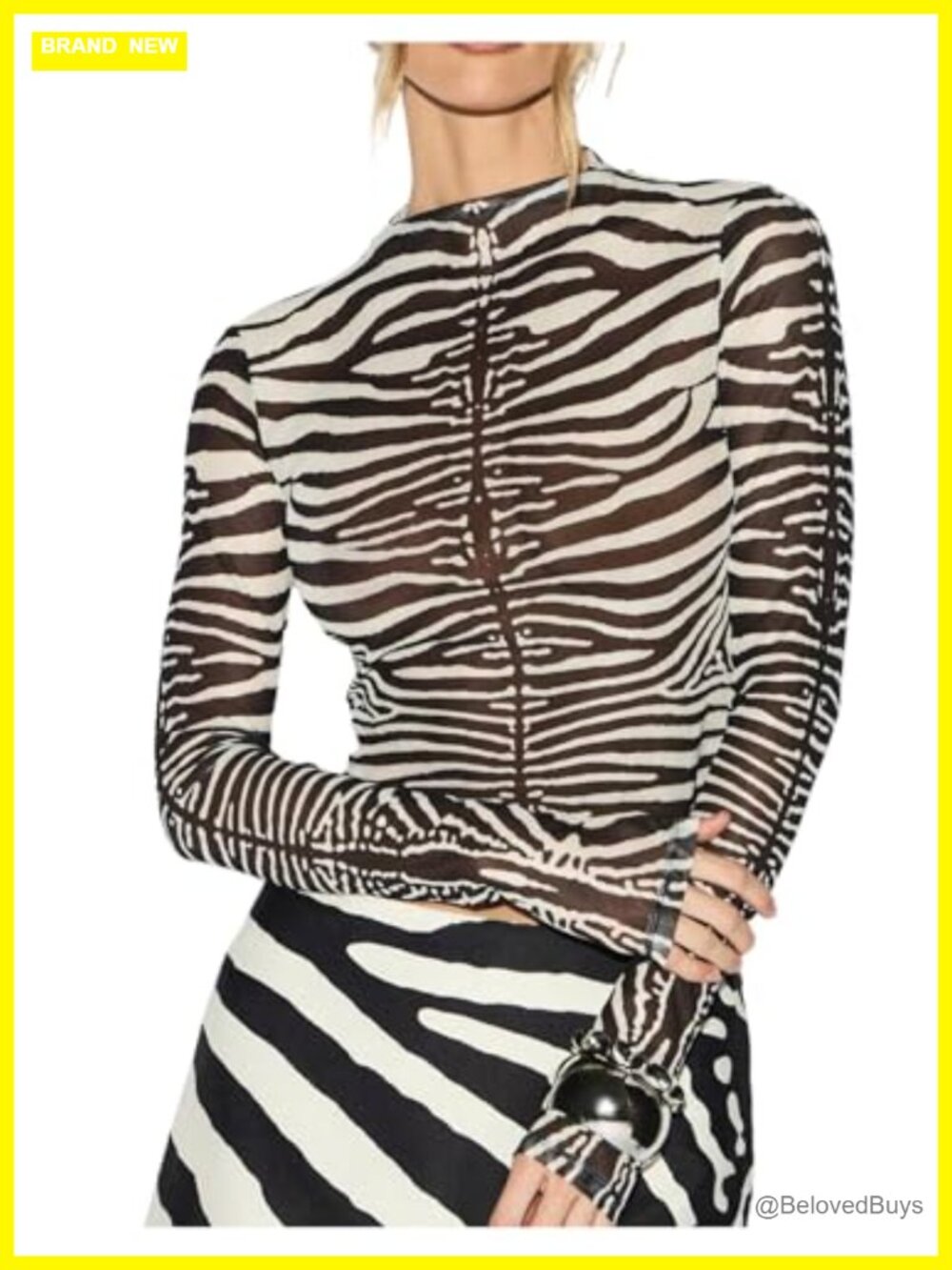 Women's Sheer Mesh Long Sleeve Mock Neck Zebra Print T-Shirt